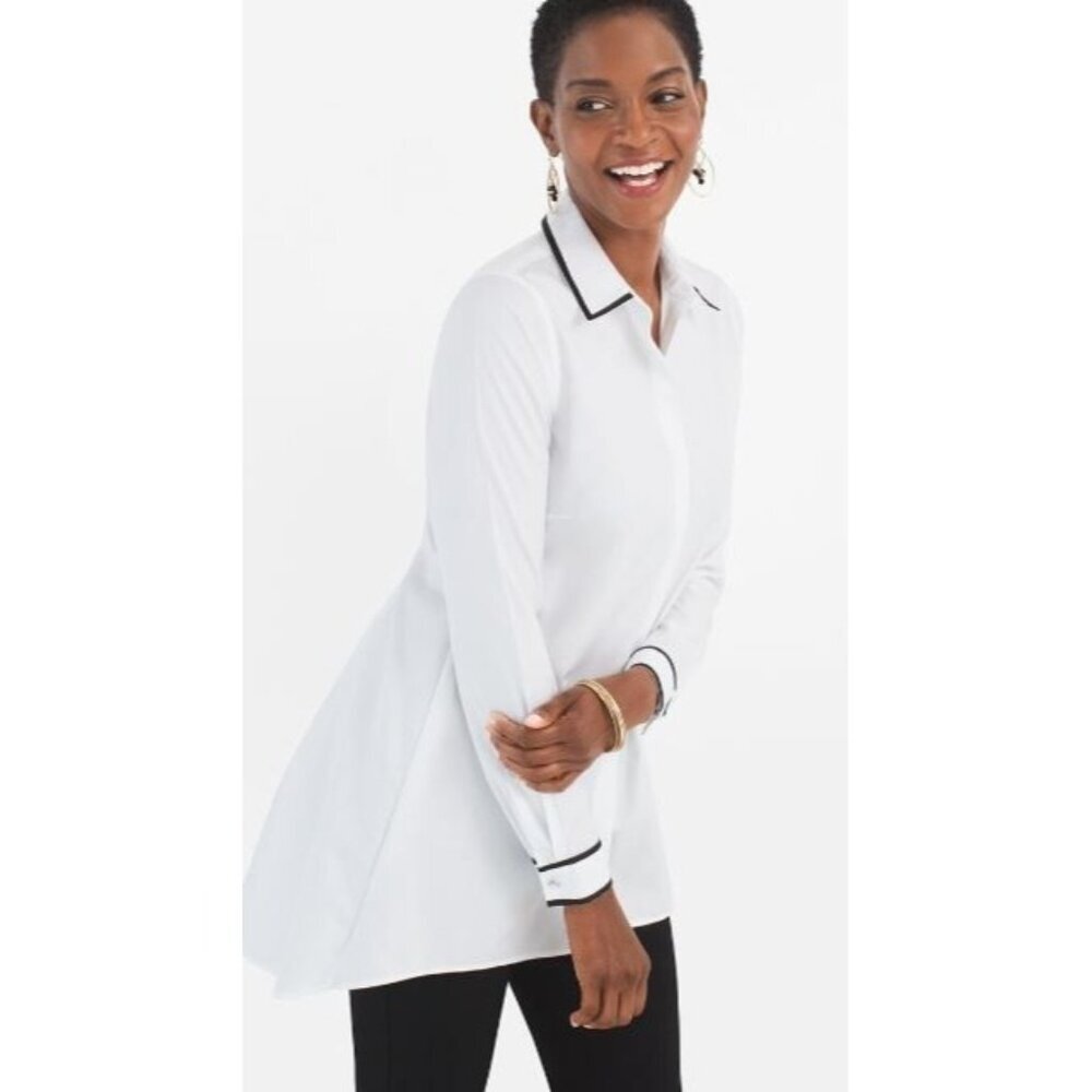 Chicos Women's Blouse White Button Up No Iron Cotton Contrast Trim Tunic Medium